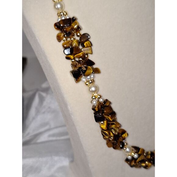 A Vintage Women's Necklace Tiger Eye Chips Faux Pearls Exquisite Luxurious - Picture 3 of 10
